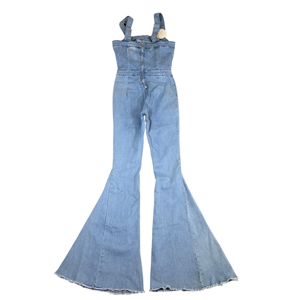 NWT Saints & Hearts Denim Bell Bottom Jumpsuit Light Wash Flare Raw Hem NWT
